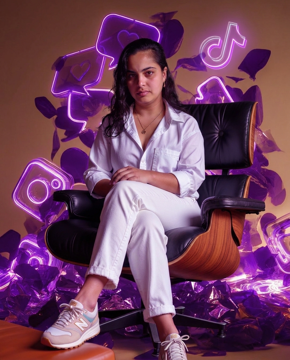 Rachel Levy - Creative director surrounded by social media icons, Berlin